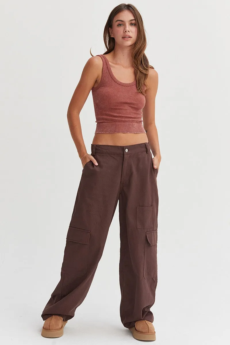 Toffee Elastic Waist Wide-Leg Cargo Pants