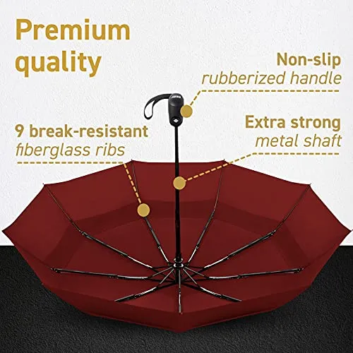 Windproof Travel Umbrellas for Rain - Lightweight - Double Vent - Marsala