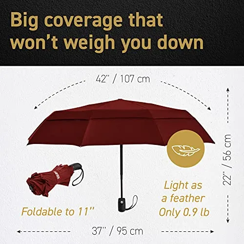 Windproof Travel Umbrellas for Rain - Lightweight - Double Vent - Marsala