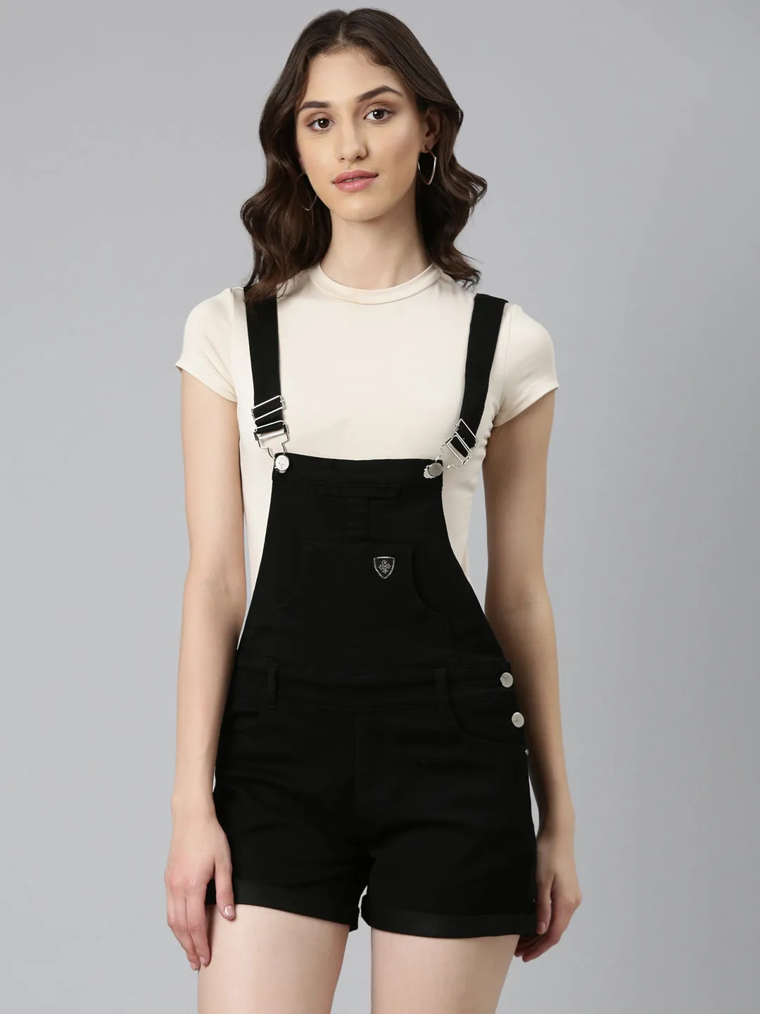 Women Black Solid Dungaree