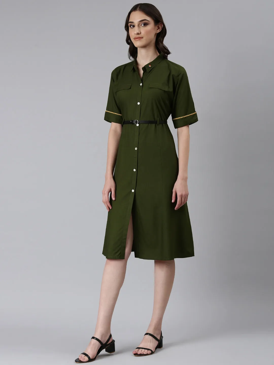 Women Olive Solid Shirt Dress