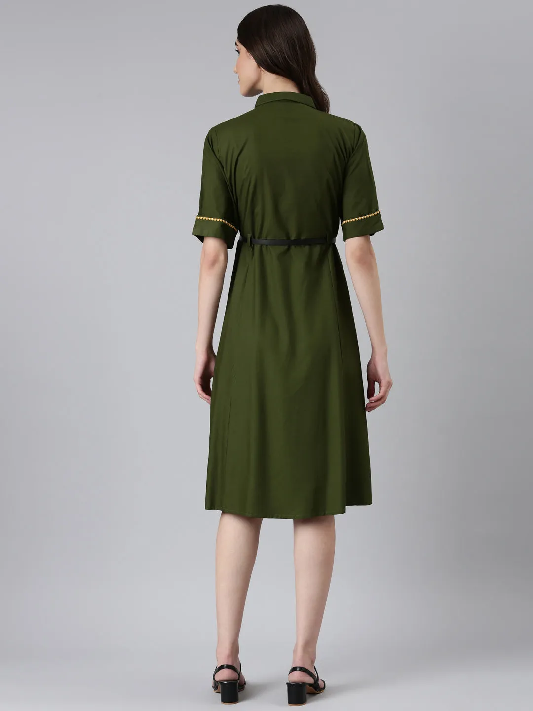 Women Olive Solid Shirt Dress