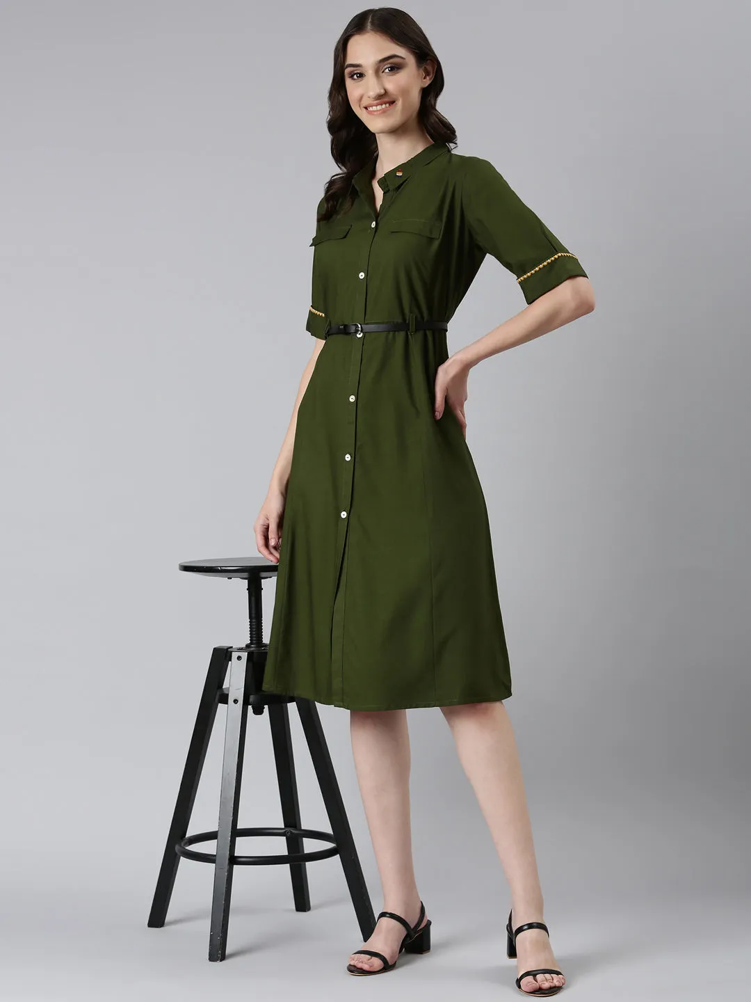 Women Olive Solid Shirt Dress