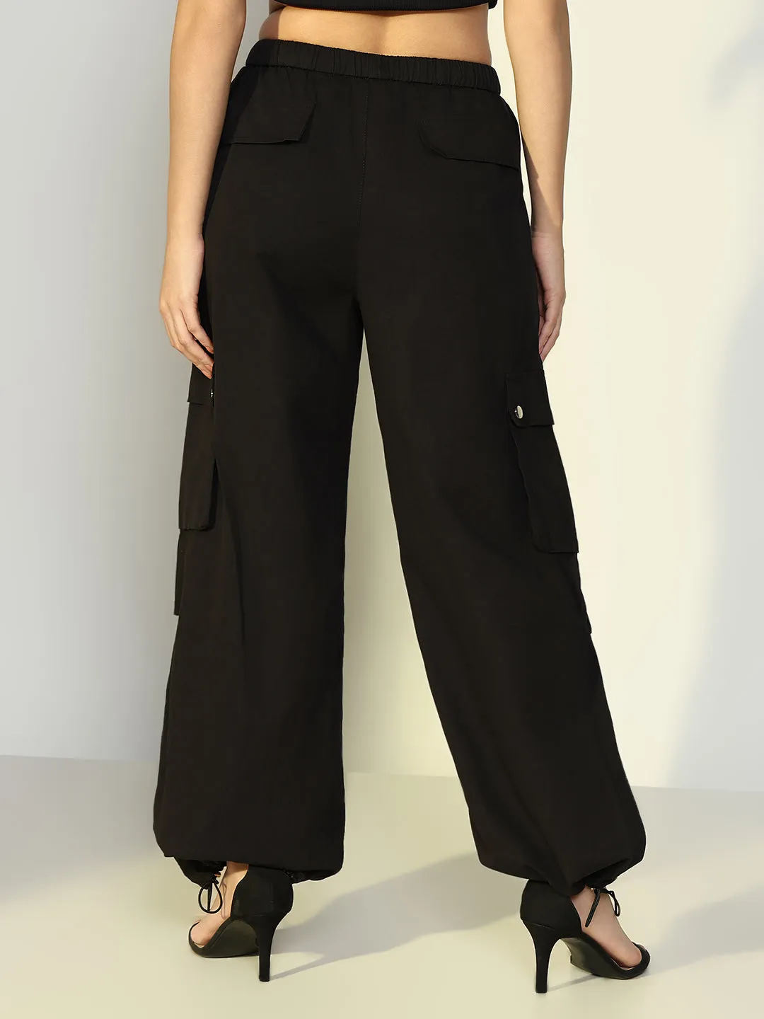 Women Solid Black Parachute Trouser