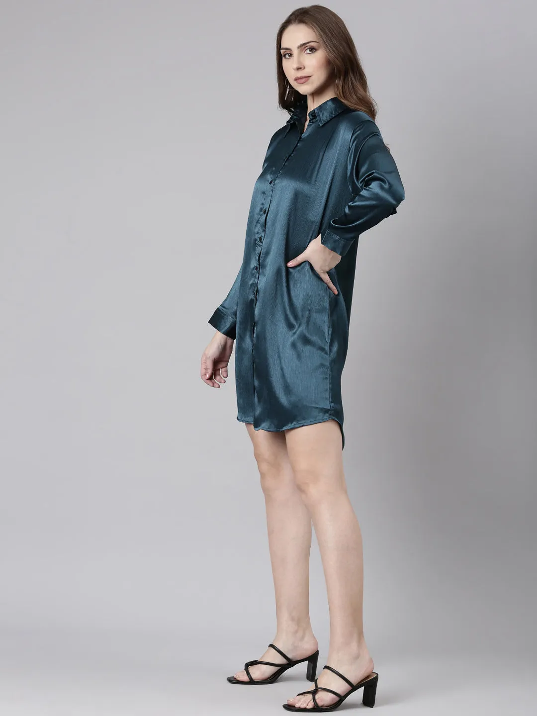 Women Teal Solid Oversized Shirt Style Dress