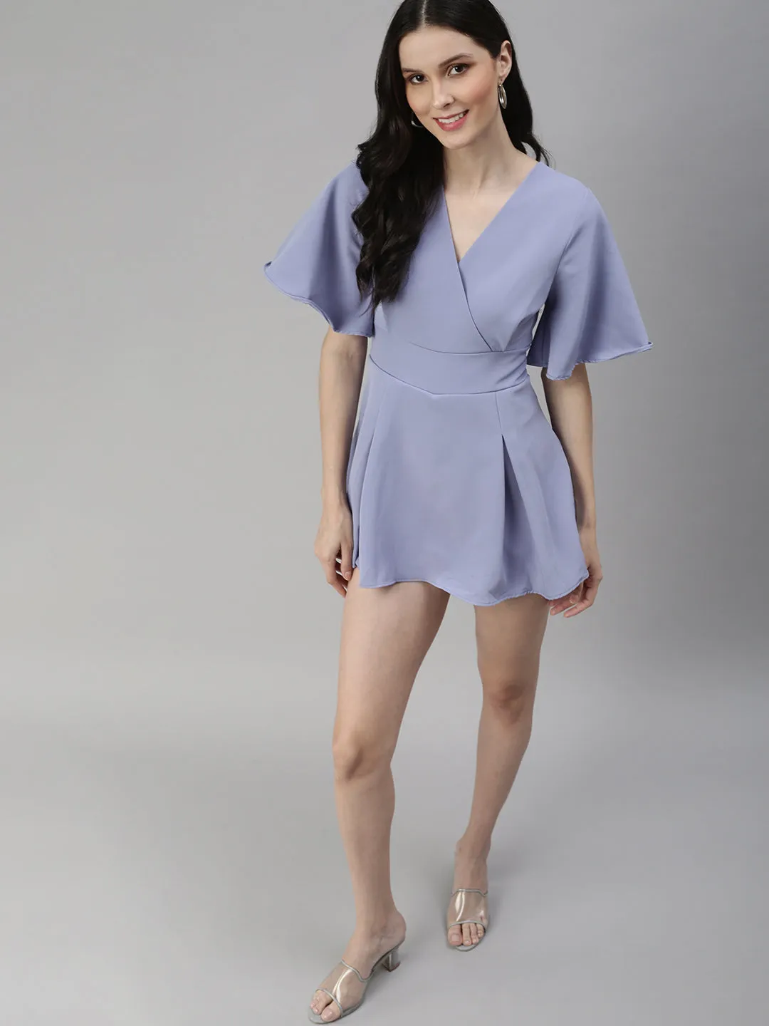 Women V-Neck Solid Purple Playsuit