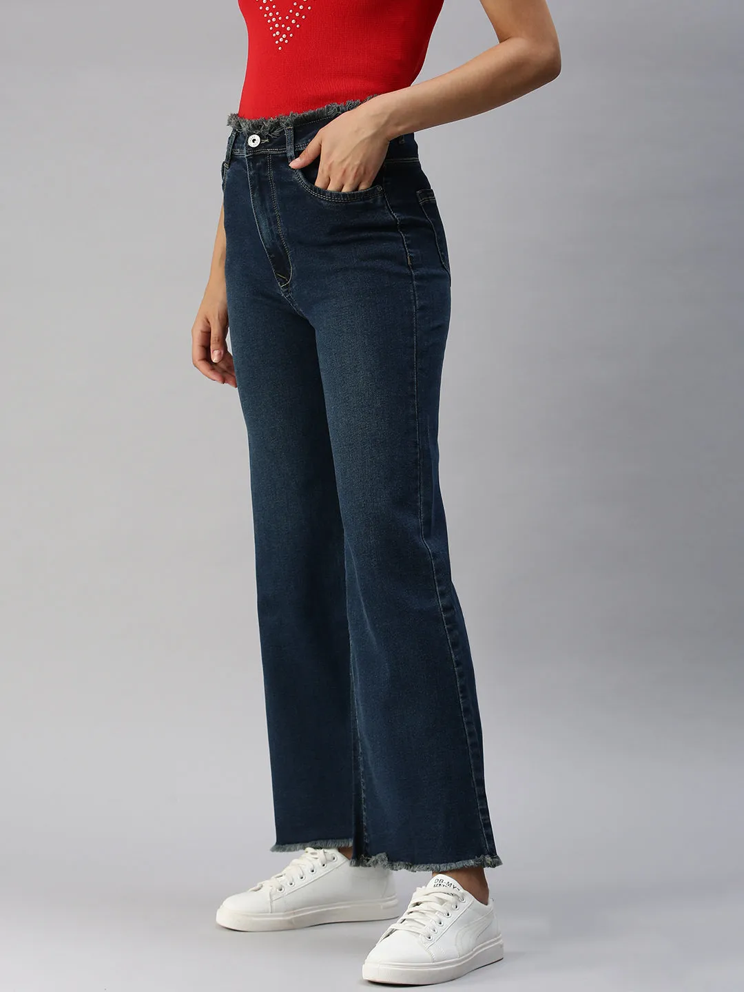 Women's Navy Blue Solid Wide Leg Denim Jeans