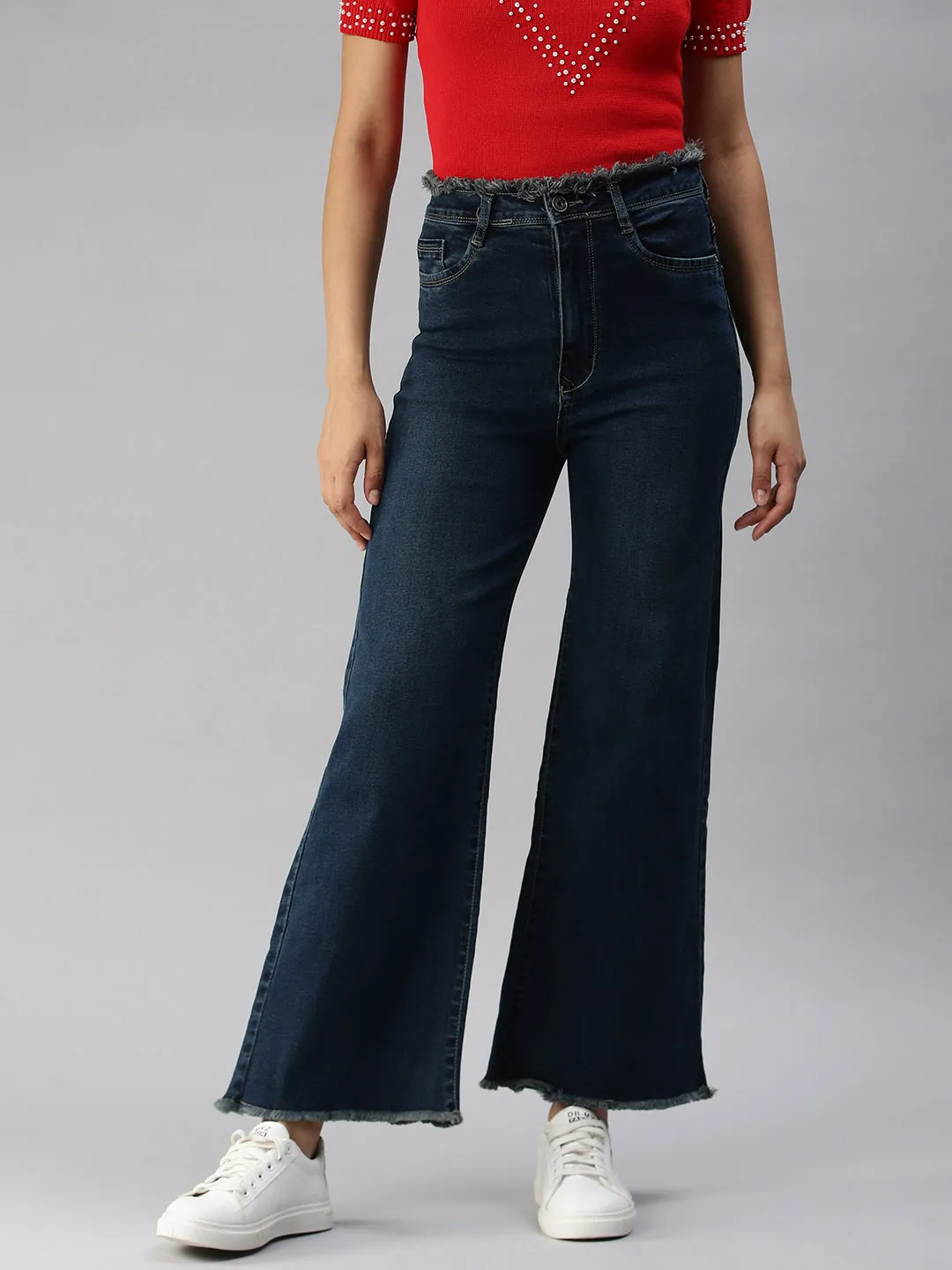 Women's Navy Blue Solid Wide Leg Denim Jeans