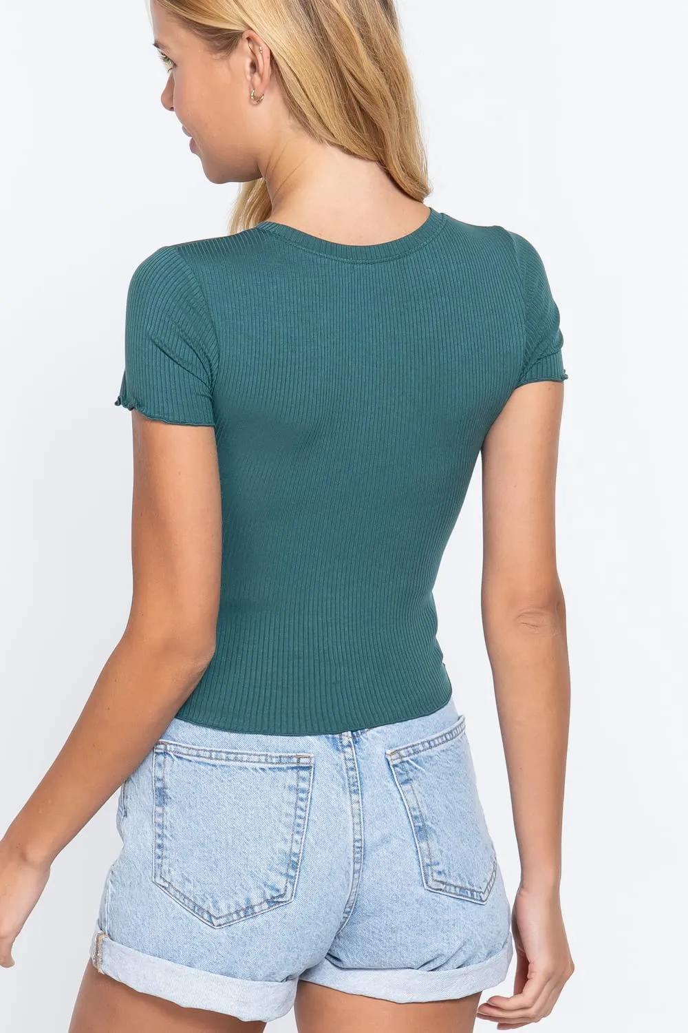 Women's Short Sleeve Round Neck Lettuce Hem Edge Rib Knit Top