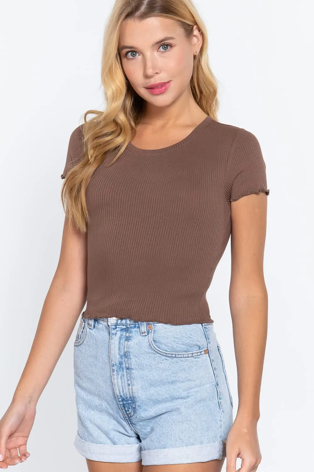 Women's Short Sleeve Round Neck Lettuce Hem Edge Rib Knit Top