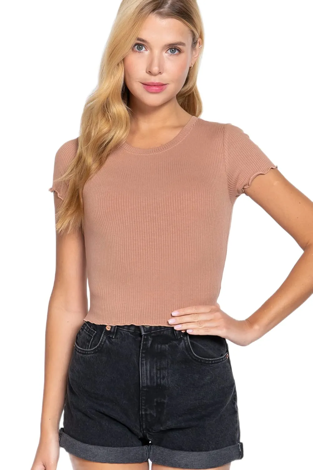 Women's Short Sleeve Round Neck Lettuce Hem Edge Rib Knit Top