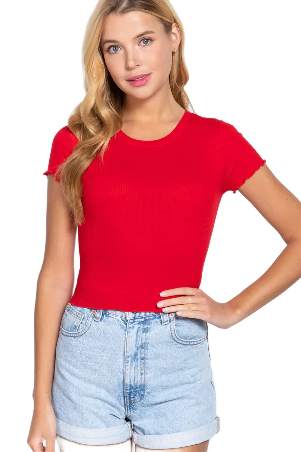 Women's Short Sleeve Round Neck Lettuce Hem Edge Rib Knit Top