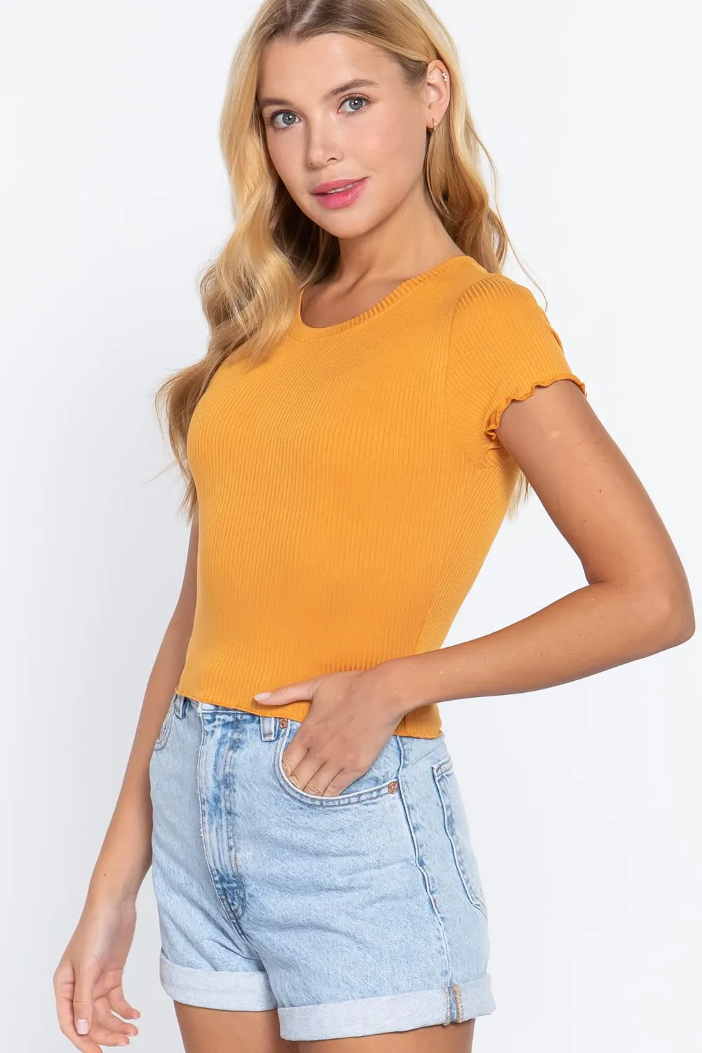 Women's Short Sleeve Round Neck Lettuce Hem Edge Rib Knit Top