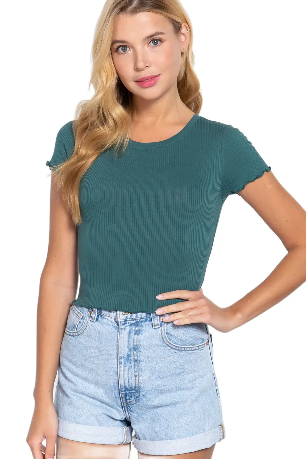 Women's Short Sleeve Round Neck Lettuce Hem Edge Rib Knit Top