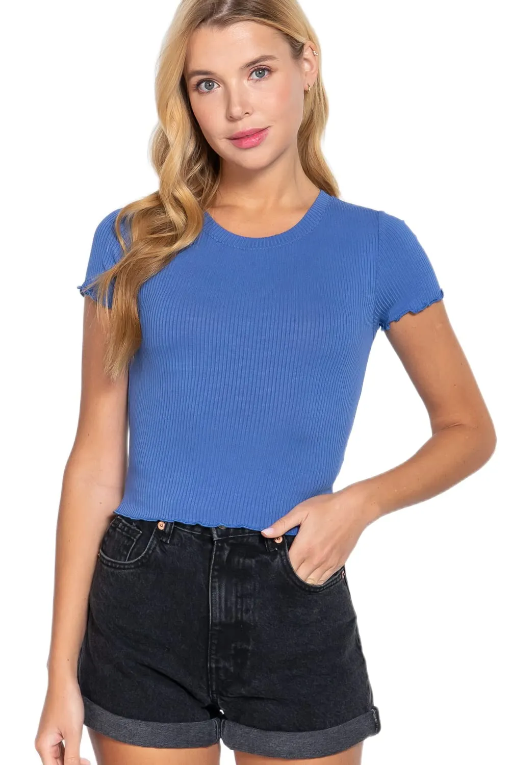 Women's Short Sleeve Round Neck Lettuce Hem Edge Rib Knit Top