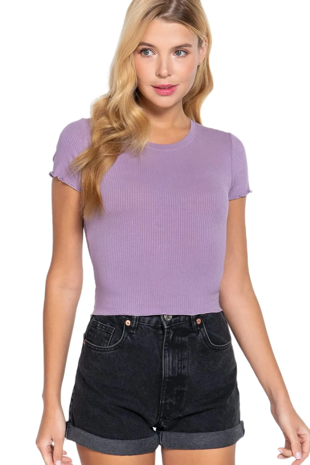 Women's Short Sleeve Round Neck Lettuce Hem Edge Rib Knit Top