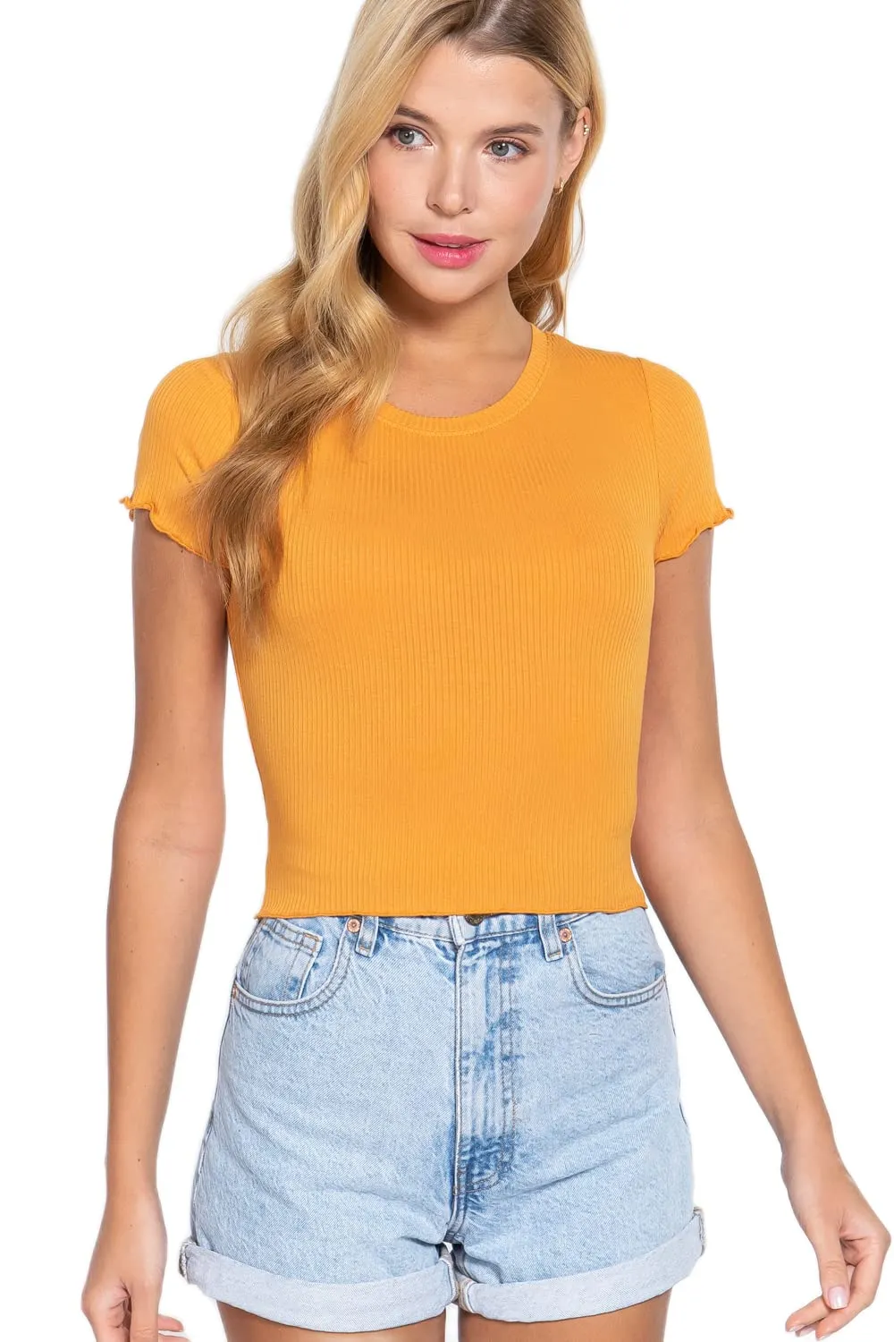 Women's Short Sleeve Round Neck Lettuce Hem Edge Rib Knit Top