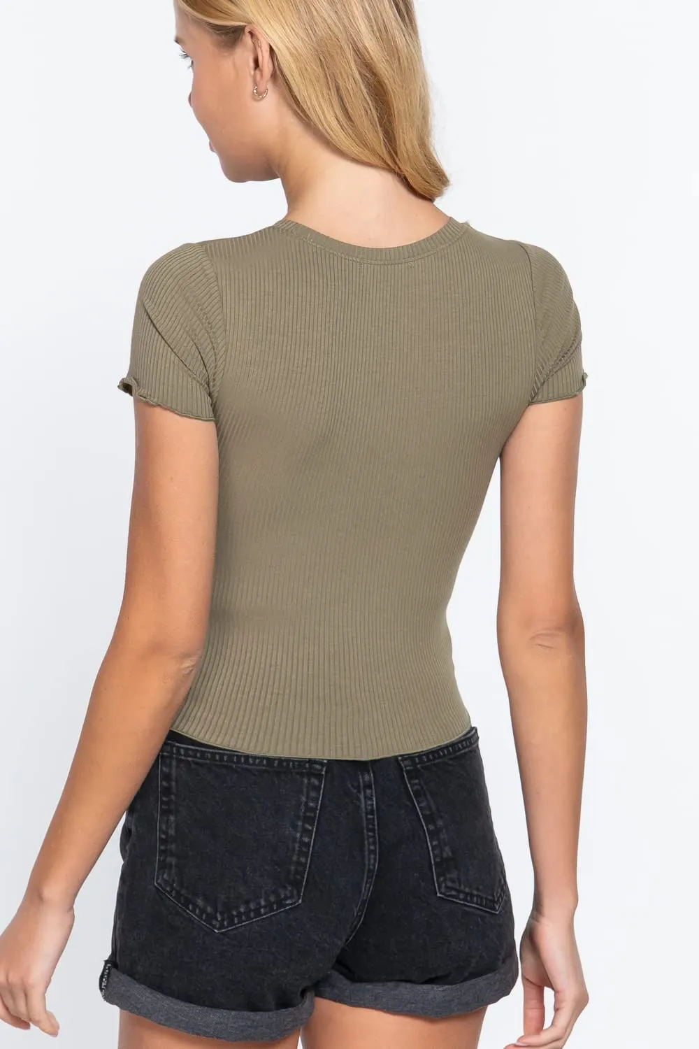 Women's Short Sleeve Round Neck Lettuce Hem Edge Rib Knit Top