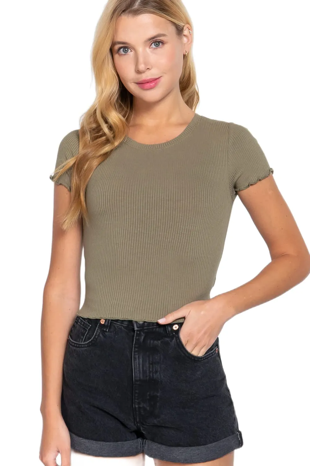 Women's Short Sleeve Round Neck Lettuce Hem Edge Rib Knit Top