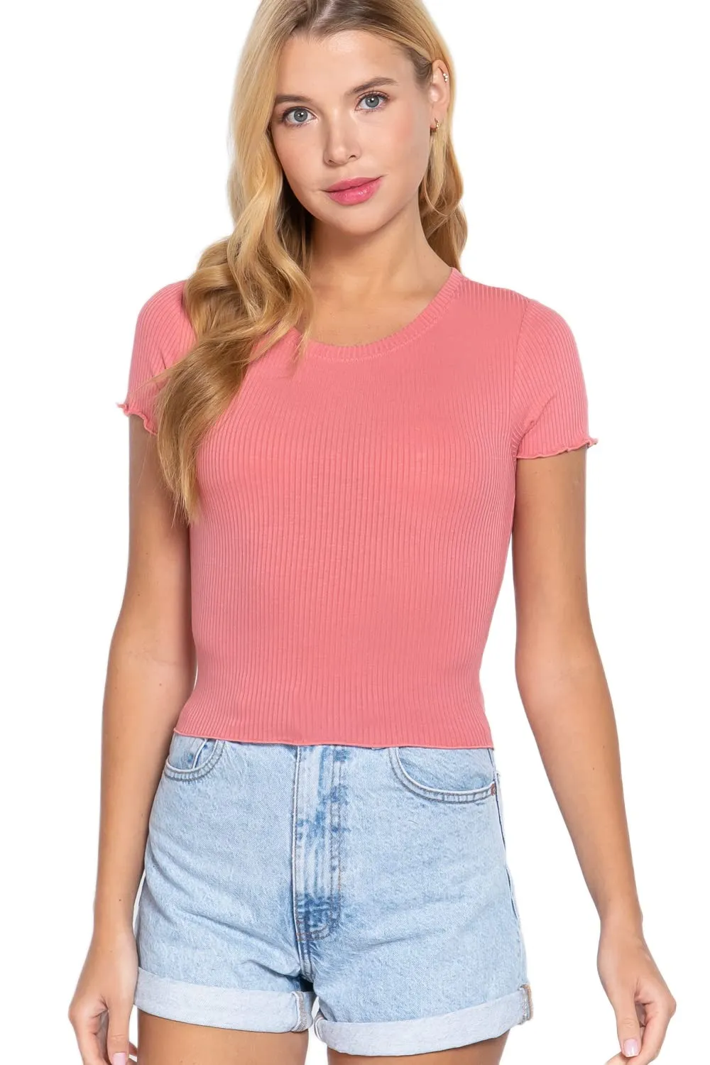 Women's Short Sleeve Round Neck Lettuce Hem Edge Rib Knit Top