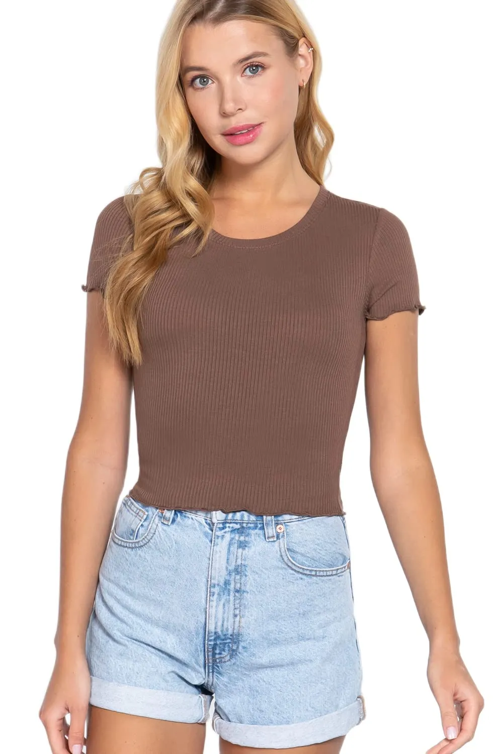 Women's Short Sleeve Round Neck Lettuce Hem Edge Rib Knit Top