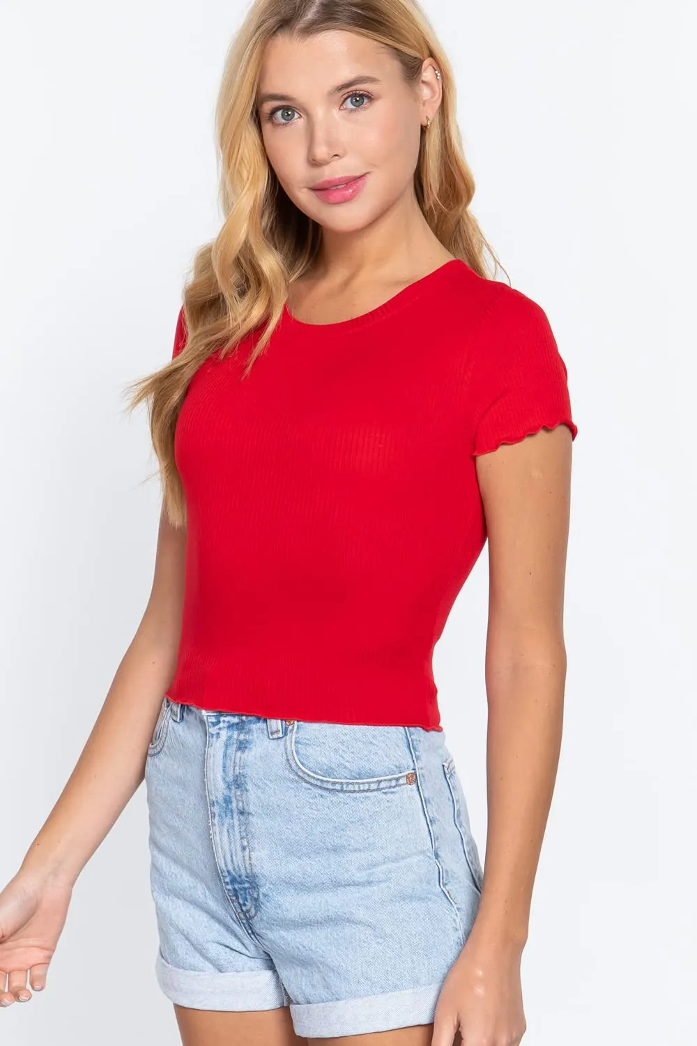 Women's Short Sleeve Round Neck Lettuce Hem Edge Rib Knit Top