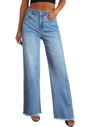 Women'S Wide Leg Jeans High Waisted Strechy Raw Hem Frayed Hem Denim Pants