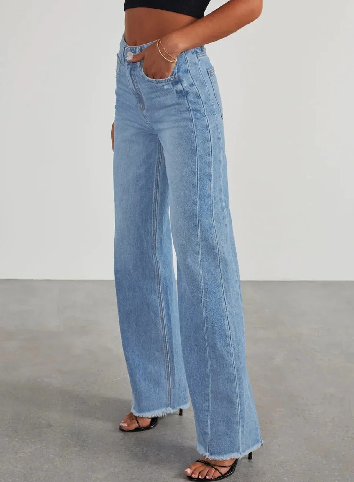 Women'S Wide Leg Jeans High Waisted Strechy Raw Hem Frayed Hem Denim Pants